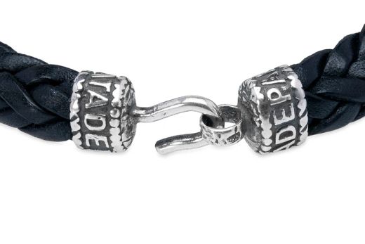 MB240X Pulsera PLATA DE PALO estilosa hombre de cuero negro trenzado cierre de gancho en plata de ley