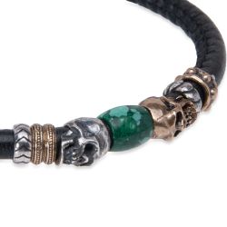 SB215X Pulsera Plata de Palo colección Kuro Enso de cuero con calaveras y resina turquesa