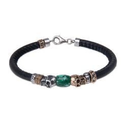 SB215X Pulsera Plata de Palo colección Kuro Enso de cuero con calaveras y resina turquesa