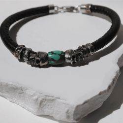 SB215X Pulsera Plata de Palo colección Kuro Enso de cuero con calaveras y resina turquesa