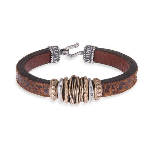MB151X PULSERA PLATA DE PALO Vintage hombre cuero marrón y piezas de bronce y plata