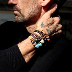 BB095X Pulsera Plata de Palo de hombre Miksa con Plata 925, cuero y bronce