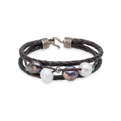 WB590X Pulsera Plata de Palo Mujer Dalia con Plata 925, cuero y perlas de agua dulce