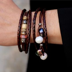 WB590X Pulsera Plata de Palo Mujer Dalia con Plata 925, cuero y perlas de agua dulce