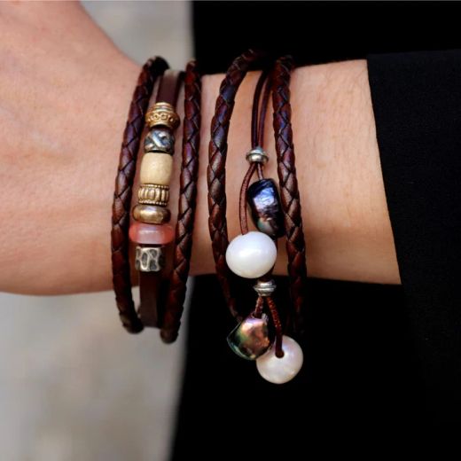 WB590X Pulsera Plata de Palo Mujer Dalia con Plata 925, cuero y perlas de agua dulce