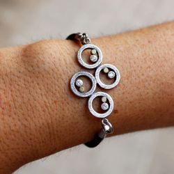 WB542X Pulsera Plata de Palo mujer de cuero colección Enso con círculos de plata 925 puntos de bronce y circonitas