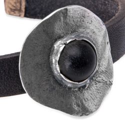 WB547X Pulsera PLATA DE PALO Mujer Hagane de cuero con centro de plata 925 y ónix destellante