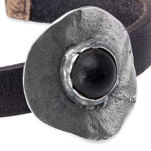 WB547X Pulsera PLATA DE PALO Mujer Hagane de cuero con centro de plata 925 y ónix destellante