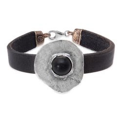WB547X Pulsera PLATA DE PALO Mujer Hagane de cuero con centro de plata 925 y ónix destellante