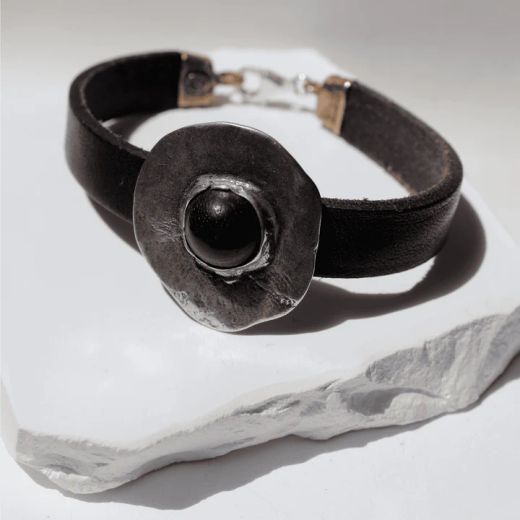 WB547X Pulsera PLATA DE PALO Mujer Hagane de cuero con centro de plata 925 y ónix destellante