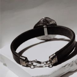 WB547X Pulsera PLATA DE PALO Mujer Hagane de cuero con centro de plata 925 y ónix destellante