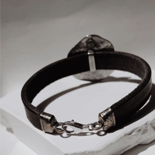 WB547X Pulsera PLATA DE PALO Mujer Hagane de cuero con centro de plata 925 y ónix destellante