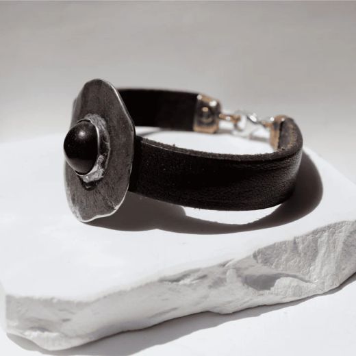 WB547X Pulsera PLATA DE PALO Mujer Hagane de cuero con centro de plata 925 y ónix destellante