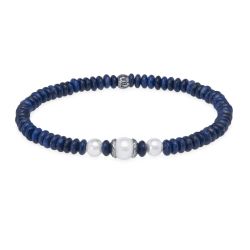 Pulsera Plata de Palo de mujer modelo Iraide piedras azul intenso y tres perlas