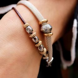 WB566X Pulsera Plata de Palo unisex Kojin de cuero fino con óvalos de plata 925 y cuentas de bronce