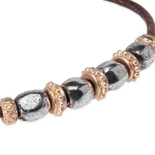 WB566X Pulsera Plata de Palo unisex Kojin de cuero fino con óvalos de plata 925 y cuentas de bronce