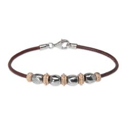 WB566X Pulsera Plata de Palo unisex Kojin de cuero fino con óvalos de plata 925 y cuentas de bronce