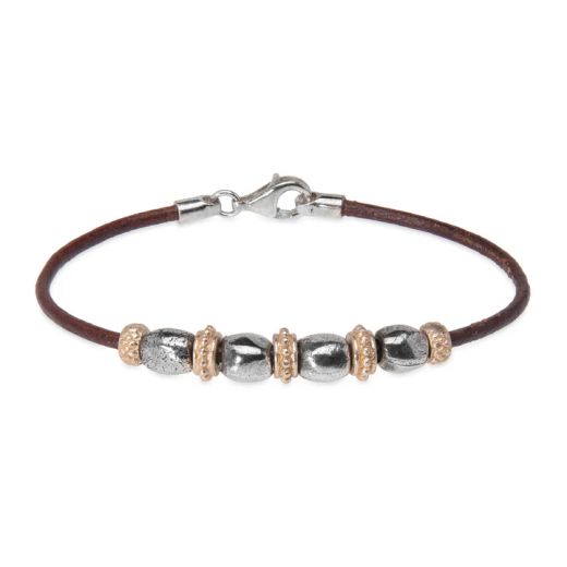WB566X Pulsera Plata de Palo unisex Kojin de cuero fino con óvalos de plata 925 y cuentas de bronce