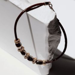 WB566X Pulsera Plata de Palo unisex Kojin de cuero fino con óvalos de plata 925 y cuentas de bronce