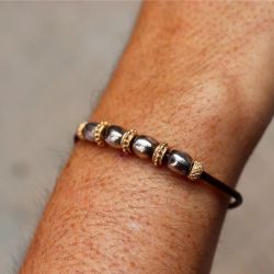 WB566X Pulsera Plata de Palo unisex Kojin de cuero fino con óvalos de plata 925 y cuentas de bronce