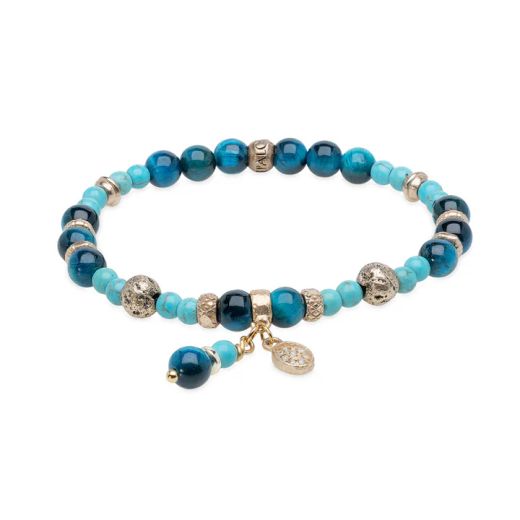 WB581X Pulsera Plata de Palo Mujer Safi de Turquesa, Bronce y Ojo de tigre azul