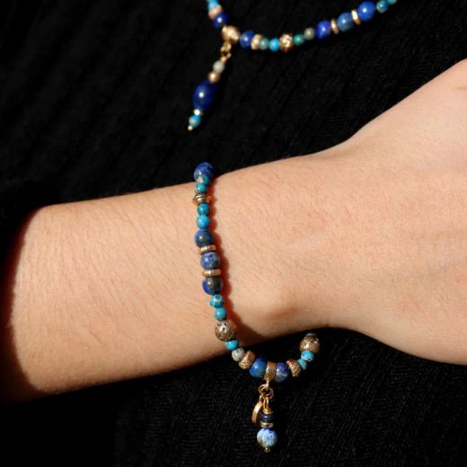 WB581X Pulsera Plata de Palo Mujer Safi de Turquesa, Bronce y Ojo de tigre azul
