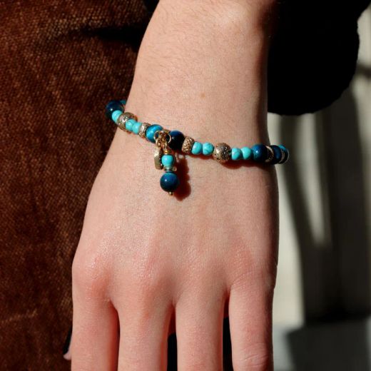 WB581X Pulsera Plata de Palo Mujer Safi de Turquesa, Bronce y Ojo de tigre azul