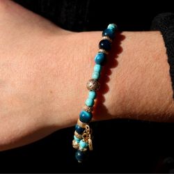 WB581X Pulsera Plata de Palo Mujer Safi de Turquesa, Bronce y Ojo de tigre azul