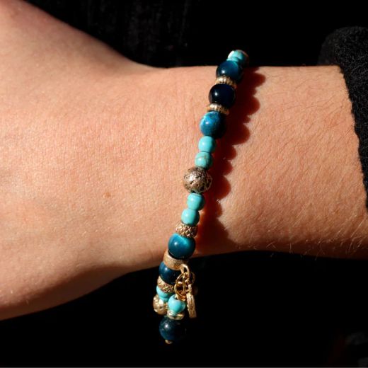 WB581X Pulsera Plata de Palo Mujer Safi de Turquesa, Bronce y Ojo de tigre azul
