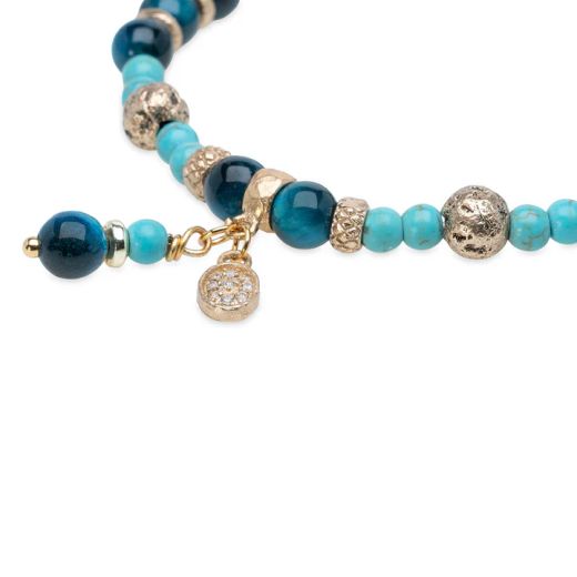 WB581X Pulsera Plata de Palo Mujer Safi de Turquesa, Bronce y Ojo de tigre azul