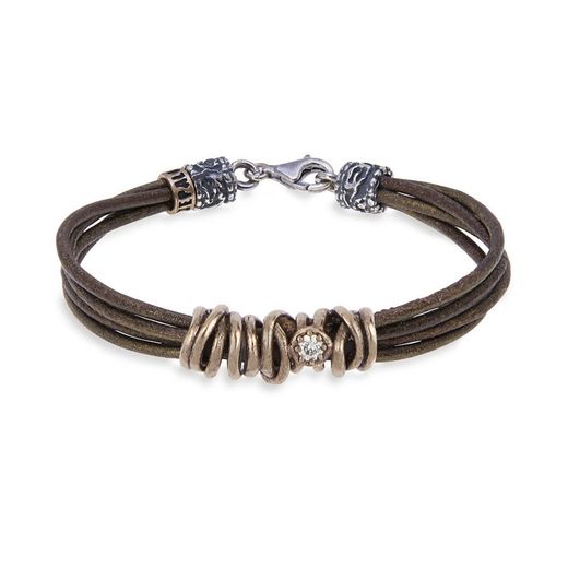 WB267X Pulsera PLATA DE PALO cuero bronce y circonita blanca