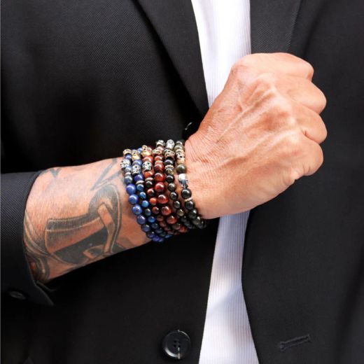 SB209X Pulsera PLATA DE PALO de bolas de obsidiana con calaveras de plata y bronce muy moderna