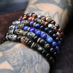 SB209X Pulsera PLATA DE PALO de bolas de obsidiana con calaveras de plata y bronce muy moderna