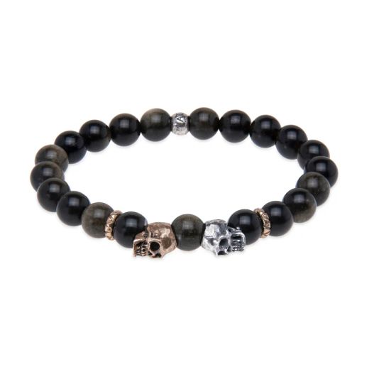 SB209X Pulsera PLATA DE PALO de bolas de obsidiana con calaveras de plata y bronce muy moderna