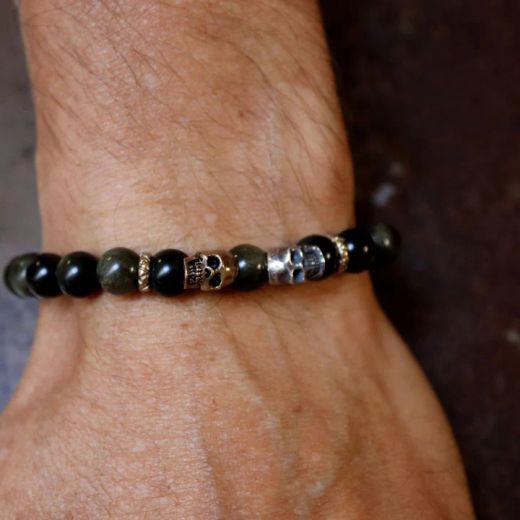 SB209X Pulsera PLATA DE PALO de bolas de obsidiana con calaveras de plata y bronce muy moderna