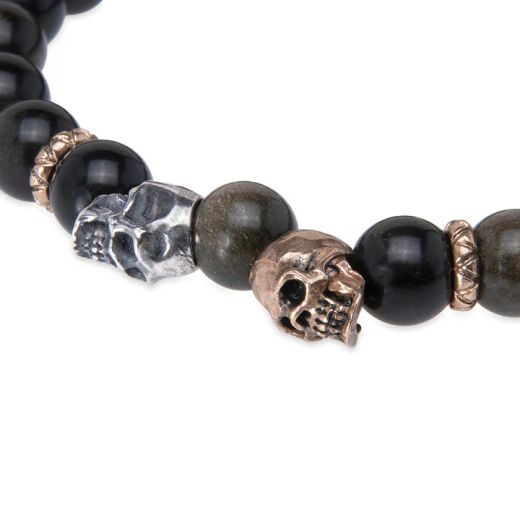 SB209X Pulsera PLATA DE PALO de bolas de obsidiana con calaveras de plata y bronce muy moderna