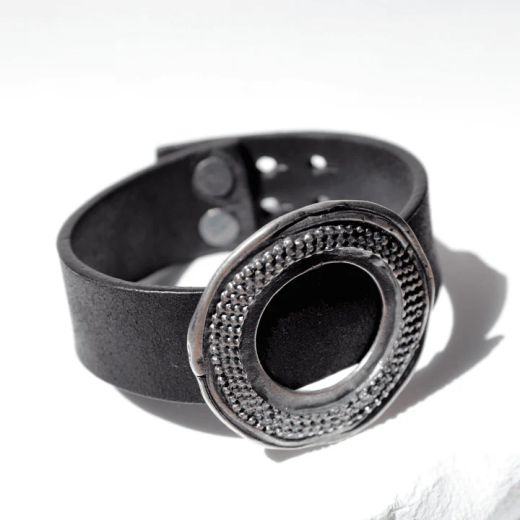 WB546X Pulsera Plata de Palo de cuero mujer colección Tetsu con círculo en plata de 1ª ley