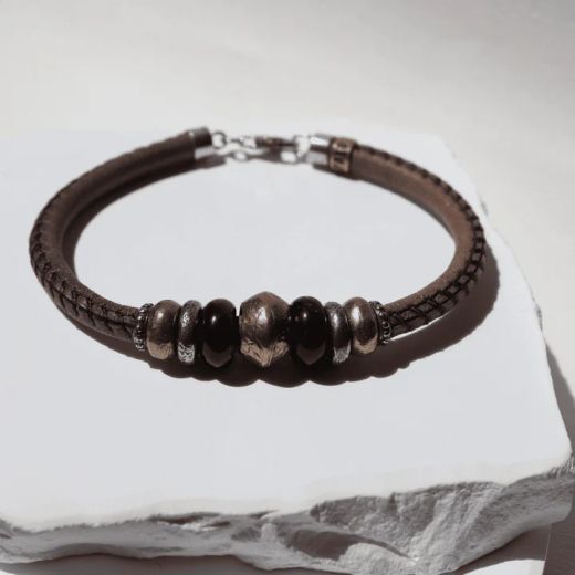 MB279X Pulsera PLATA DE PALO de hombre Akatsuki de cuero con ojo de tigre cierre mosquetón