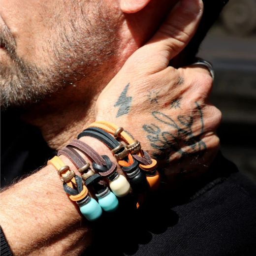 BB094X Pulsera Plata de Palo de hombre modelo Baraka con Plata 925, cuero y bronce