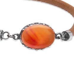 WB544X Pulsera Plata de Palo de mujer de cuero color camel y piedra cornalina