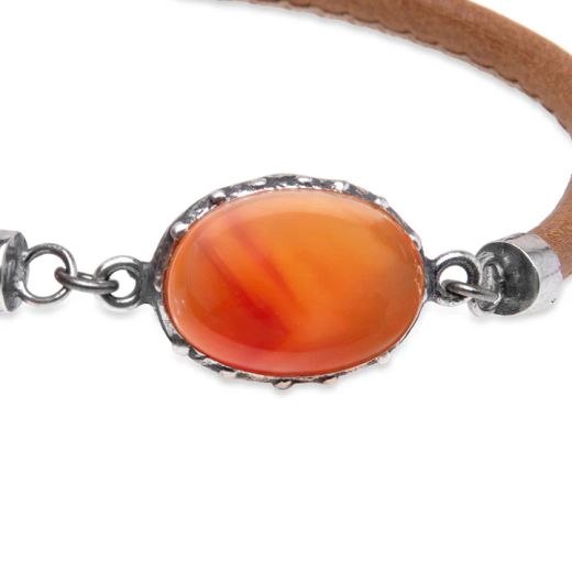WB544X Pulsera Plata de Palo de mujer de cuero color camel y piedra cornalina