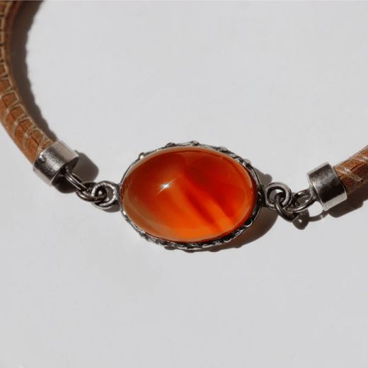 WB544X Pulsera Plata de Palo de mujer de cuero color camel y piedra cornalina
