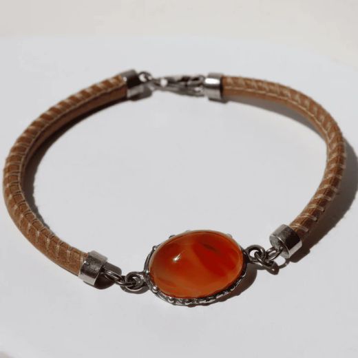 WB544X Pulsera Plata de Palo de mujer de cuero color camel y piedra cornalina