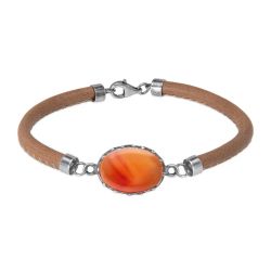 WB544X Pulsera Plata de Palo de mujer de cuero color camel y piedra cornalina