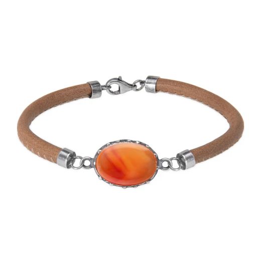 WB544X Pulsera Plata de Palo de mujer de cuero color camel y piedra cornalina