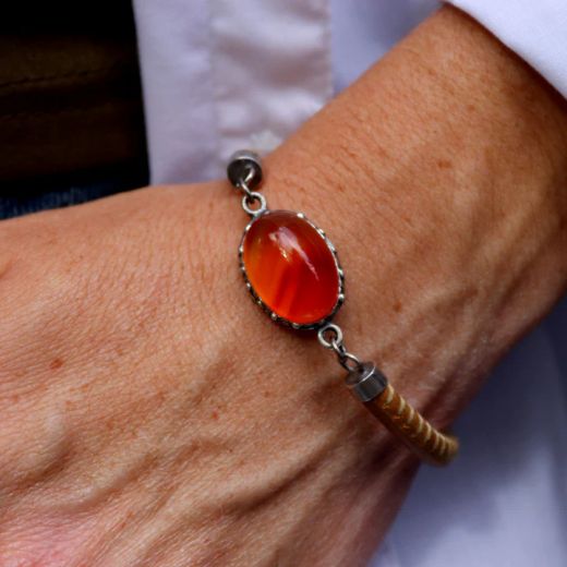 WB544X Pulsera Plata de Palo de mujer de cuero color camel y piedra cornalina