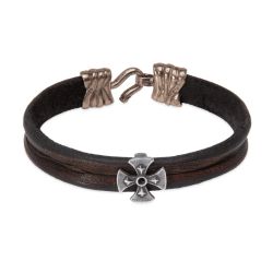 BB062X Pulsera PLATA DE PALO hombre de cuero adornada con cruz de plata y cierre de bronce