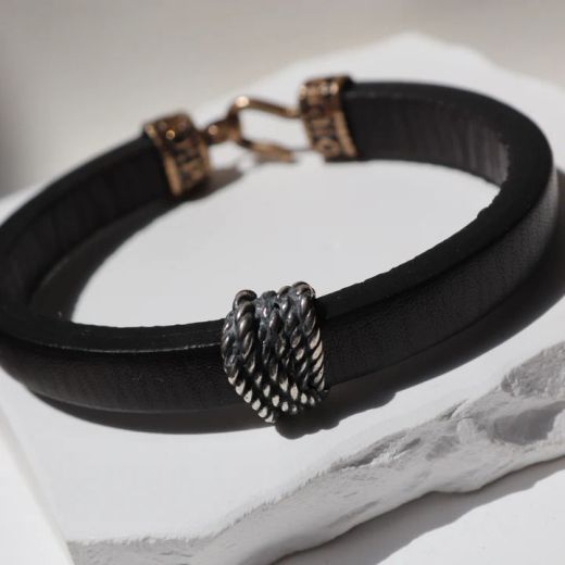 Pulsera PLATA DE PALO hombre de cuero negro y plata de ley