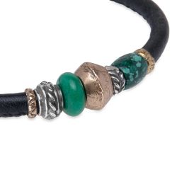 MB283X Pulsera Plata de Palo hombre Kogarashi de cuero con bronce y jade cierre mosquetón de seguridad