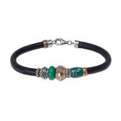 MB283X Pulsera Plata de Palo hombre Kogarashi de cuero con bronce y jade cierre mosquetón de seguridad